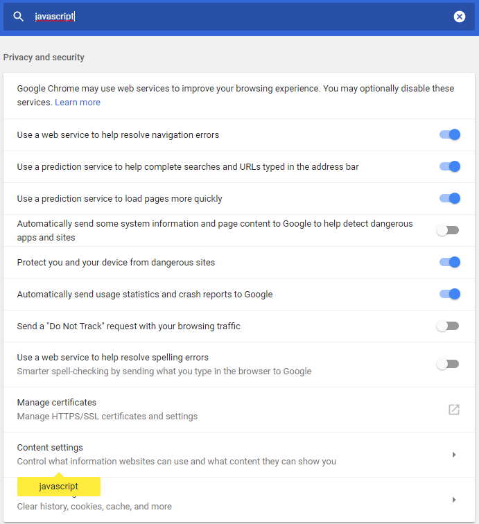 JavaScript Settings in Chrome